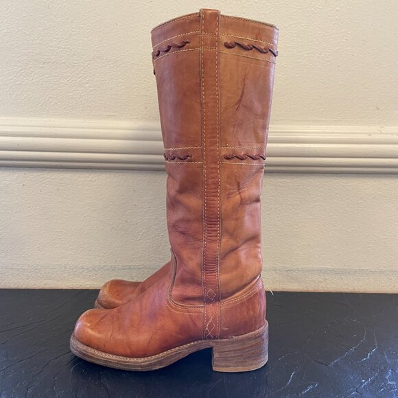 Vintage 70s Leather Square Toe Campus Boots Brown Tan Braided | Size 5.5 - Picture 9 of 15